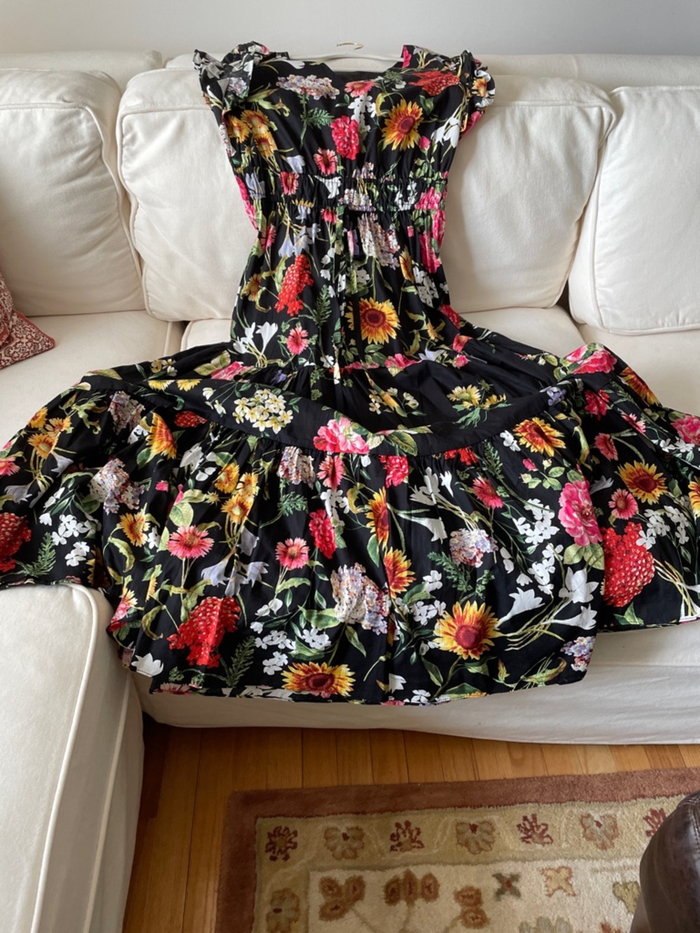 Anne Klein Black Floral Maxi Dress with Pink, Yellow and White Blooms